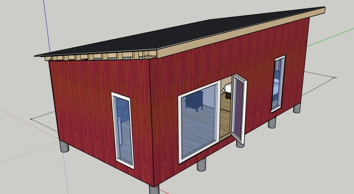 3D-modell av röd gäststuga med stora fönster och snedtak, upphöjd på pelare. Skiss för byggprojekt vid sommarstuga.