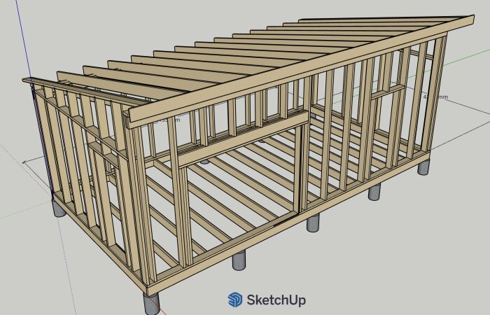 3D-modell av stommen till en gäststuga med väggreglar 145x45 mm och golv/takreglar 195x45 mm, monterad på plintar.
