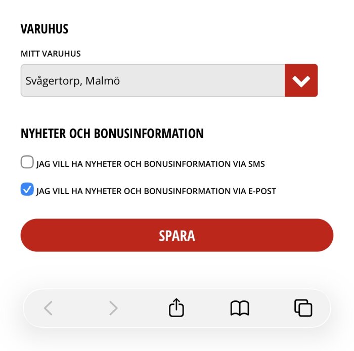 Anmälningsformulär där användaren valt att få nyheter och bonusinformation via e-post från varuhuset i Svågertorp, Malmö.