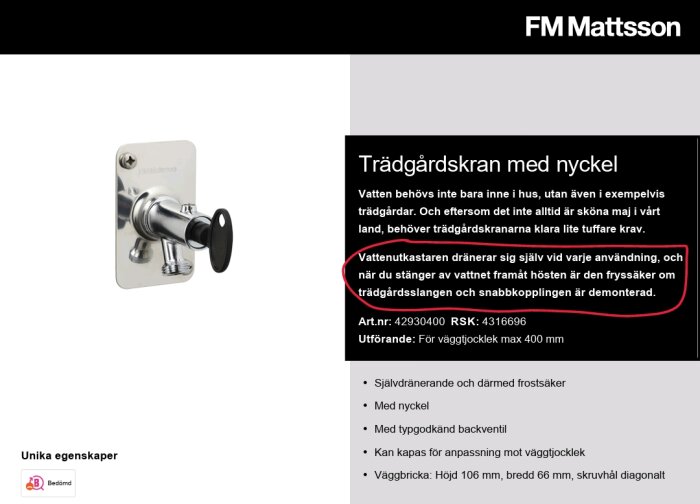 Trädgårdskran med handtag, självdränerande funktion och frostskydd vid demontering av slang; FM Mattssons produktbild med unika egenskaper lista.
