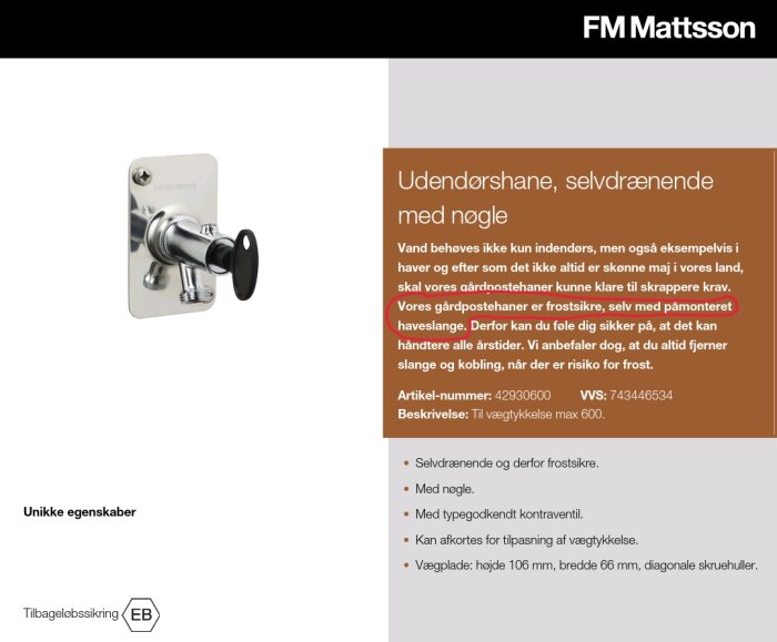 Frostsäker utomhuskran från FM Mattsson med nyckel och dräneringsfunktion, enligt produktblad på danska.