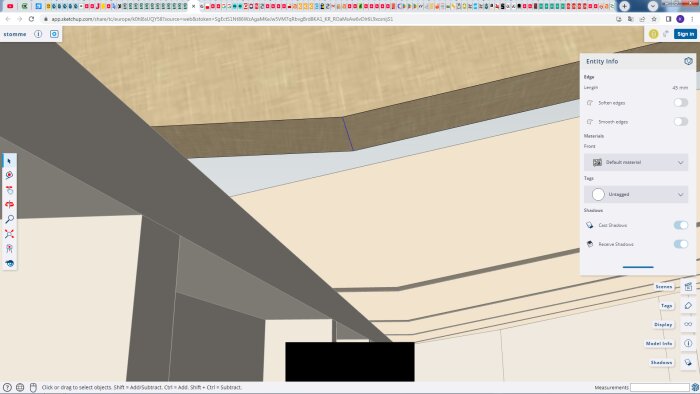 3D-modell av takkonstruktion med synliga takstolar och väggar, visar en översikt av byggstrukturen och materialinformation i SketchUp.