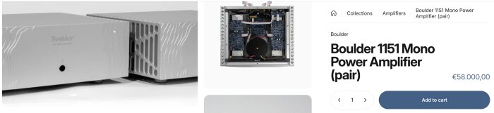 Boulder 1151 Mono Power Amplifier (pair) i silver, visad front och toppvy, med elektroniska komponenter inuti.