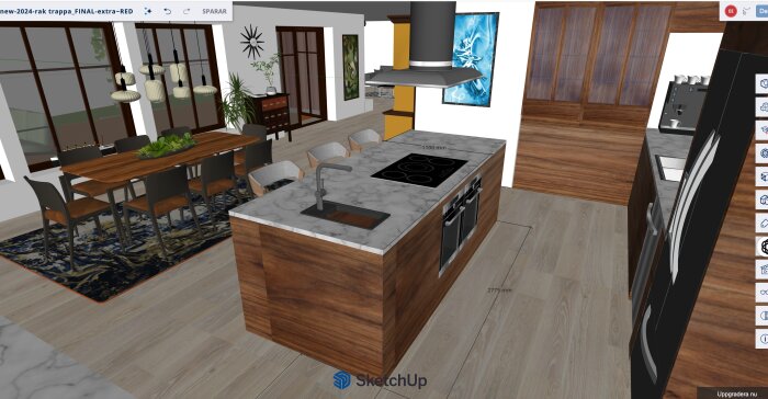 3D-design av ett kök med en stor köksö med spishäll och diskbänk, samt matplats med bord och stolar, set från SketchUp.