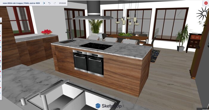 3D-rendering av ett kök med en stor köksö i trä och marmor, häll med ugnar under, moderna lampor och matplats i bakgrunden.