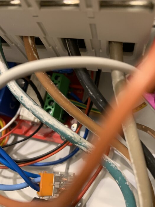 Närbild av flera elektriska kablar olika färger, en grön kontakt och en orange kopplingsklämma i en elbox.