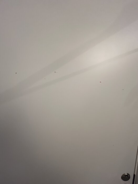 Vit dörr med små märken och skavanker på ytan, eventuellt drabbad av fukt.