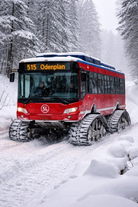 Spårbuss med larvfötter kör på snöig väg i skog, skyltad till Odenplan, Stockholm.
