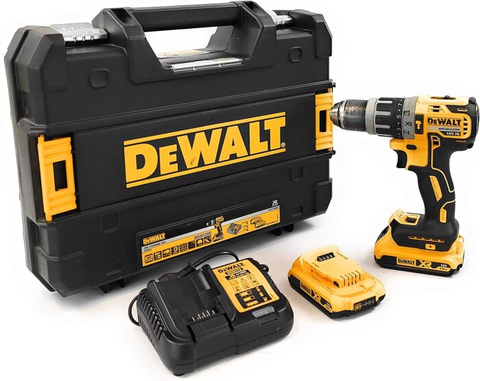 DEWALT DCD796D2-QW, sladdlös slagborr med väska, två batterier och laddare.