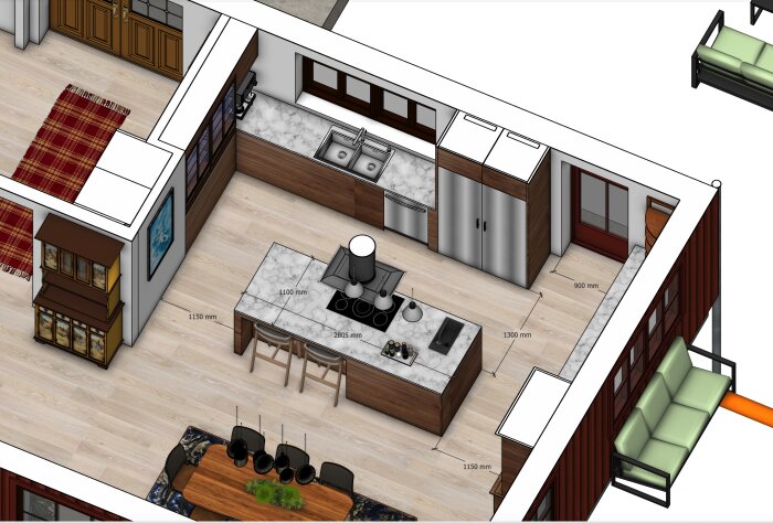 Köksritning visar layout med köksö, kyl/frys, diskho, och altandörr. Mått mellan elementen är markerade för planering.
