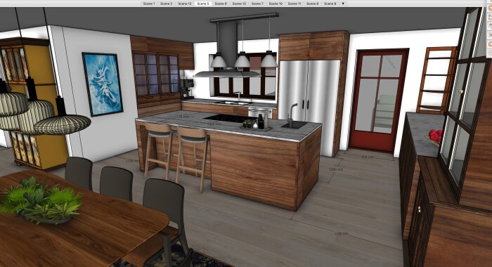 3D-visualisering av ett nytt kök med en köksö, diskbänk, kyl/frys och matplats. Rumsdetaljer inkluderar mätningar och designändringar.