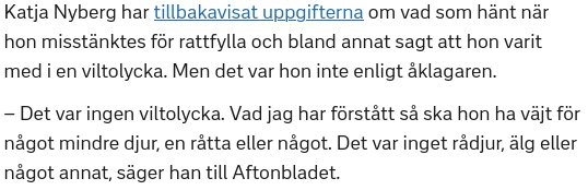 En tidningsartikel om Katja Nyberg som tillbakavisar anklagelser om rattfylleri och påstått undvikande av en råtta i trafiken.