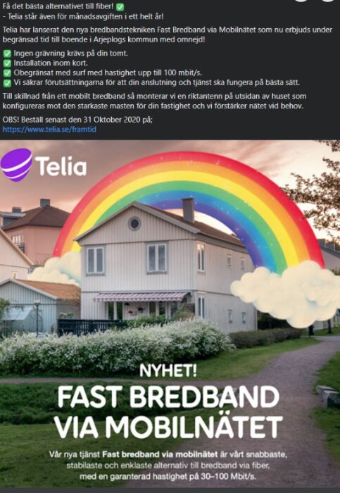 Reklamaffisch för Telia med fokus på fast bredband via mobilnätet, visar hus och regnbåge med text om ny tjänst och erbjudande.