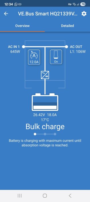 Vy av en smart batteriladdarapp som visar status för "Bulk charge", nuvarande spänning 26.42V, ström 18.0A och temperatur 17°C.