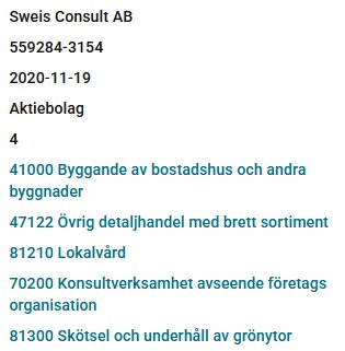 Sweis Consult AB företagsinformation med verksamhetsgrenar inom byggande, handel, lokalvård, konsultverksamhet, och skötsel av grönytor.