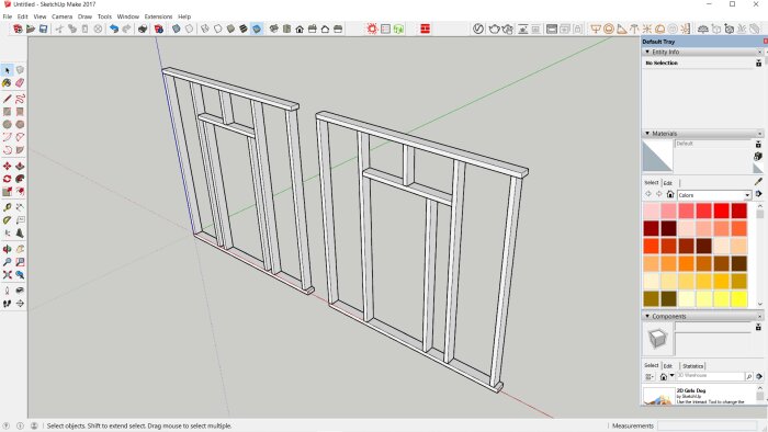 Ritning av två trästommar till väggkonstruktion, skapad i SketchUp.