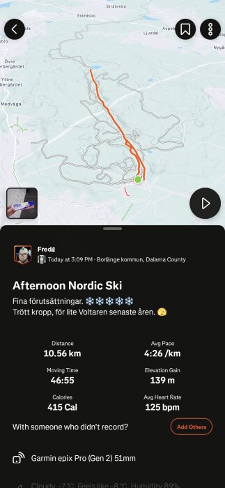 Karta över skidtur i Borlänge kommun med statistik: 10,56 km distans, 4:26 min/km tempo, 139 m höjdökning, 415 cal förbrända, 125 bpm puls.