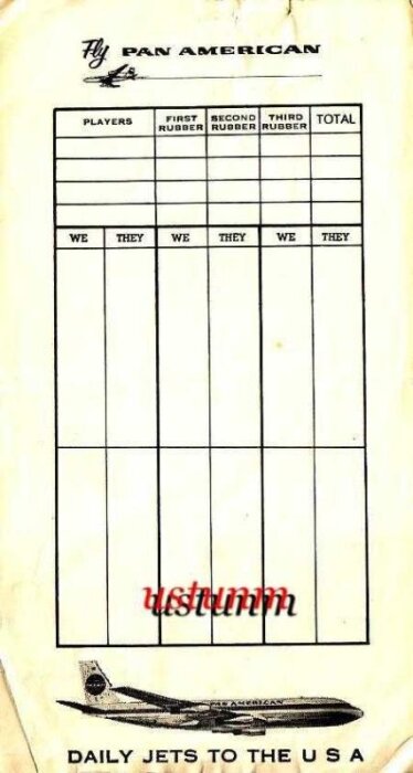 Vintage formulär från Pan American med rubriker för spelare och poäng, samt bild på ett passagerarplan under formuläret.