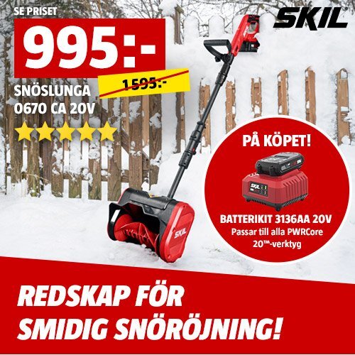 Skil 20V snöskyffel med batteri, laddare och erbjudandepris 995 kr, mot en vinterbakgrund med staket och snö. Text: "Redskap för smidig snöröjning".
