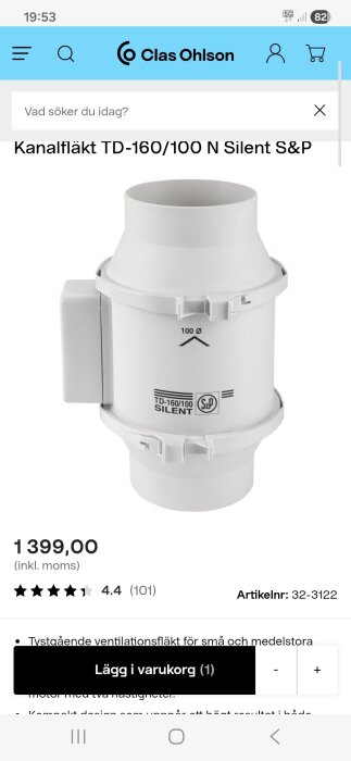 Vit kanalfläkt TD-160/100 N Silent från S&P, visas med ett pris och betyg på en Clas Ohlson produktsida.