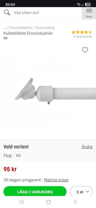 Vit kulledsfäste för duschstång från Ericsindustrier, pris 95 kr.