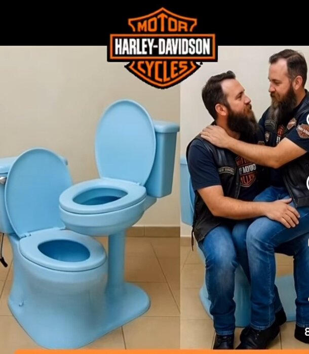 Blå dubbeltoalett med två män som sitter på den, klädda i Harley-Davidson-kläder. Harley-Davidson-loggan synlig högst upp.