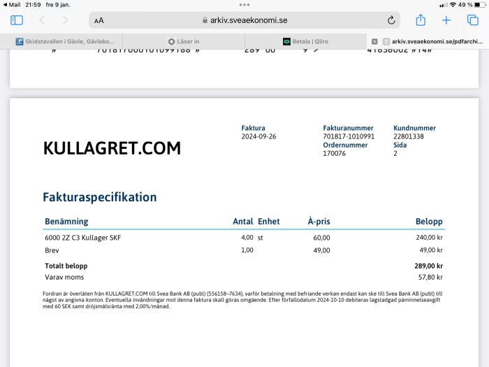 En fakturaspecifikation från Kullagret.com med detaljer om lager och pris på kullager SKF och brev. Totalt belopp 289 kr inklusive moms.