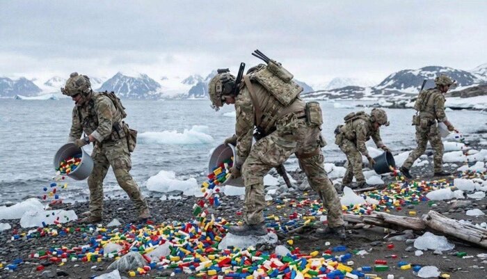 Soldater i uniform tömmer hinkar med färgglada Legobitar på en stenig strand omgiven av is och snö på Grönland.
