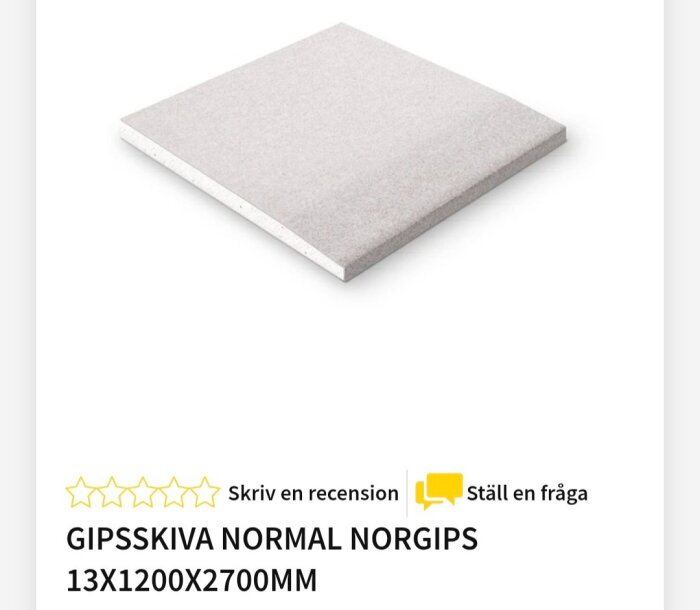 Gipsskiva av märket Norgips i dimensionerna 13x1200x2700 mm, lämplig för väggkonstruktioner med c/c 600 mm regelavstånd.