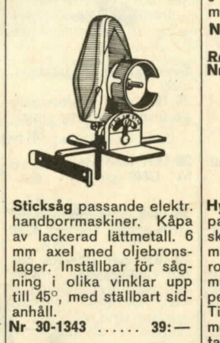 Bild av en annons från 1974 för en sticksåg kopplad till handborrmaskin, med justerbart sågblad och lackerad kåpa.