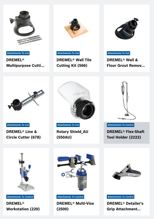 Olika Dremel-tillbehör visas: multipurpose cutting kit, wall tile cutting kit, grout remover, line and circle cutter, rotary shield, flex-shaft tool holder, workstation, multi-vise, detailer's grip.