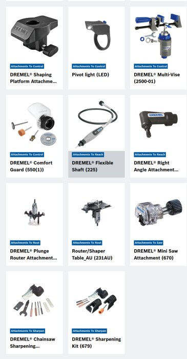 Olika Dremel-tillbehör visas, inklusive Multi-Vise, Pivot Light, och Comfort Guard, med deras respektive produktnamn och nummer.