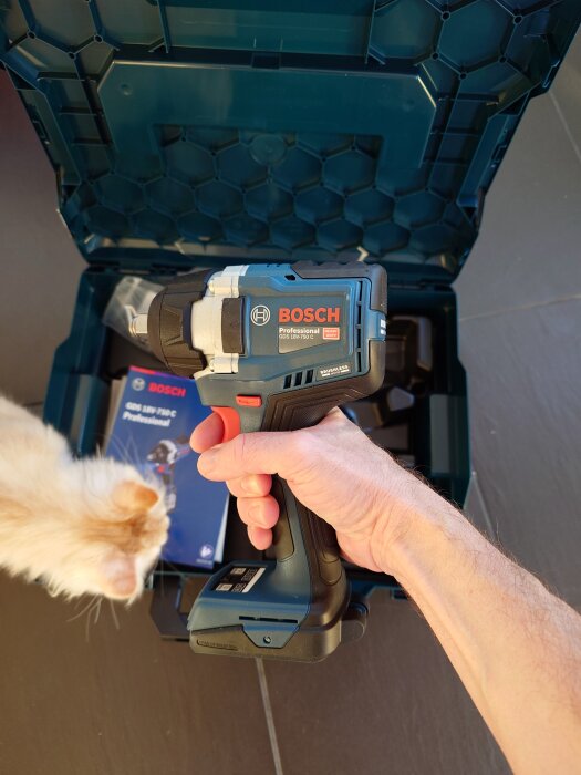 En hand håller en Bosch Professional GDS 18V-750 C skruvdragare framför en verktygslåda. En katt nosar på lådan.