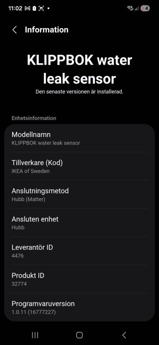 Skärmbild av information om Klippbok vattensensor från IKEA, inklusive modellnamn, anslutningsmetod och programvaruversion.