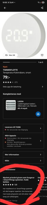Smart sensor för temperatur och luftfuktighet från Ikea, modell Timmerflotte, visad på en produktsida med pris, recensioner och tillbehör.