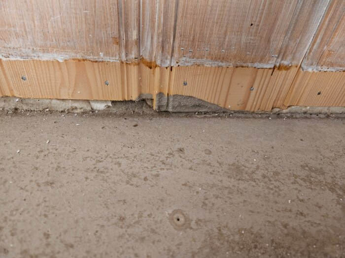 Närbild av en träpanel fastsatt vid ett oavsliipat betonggolv med synlig avjämningsmassa under panelen.
