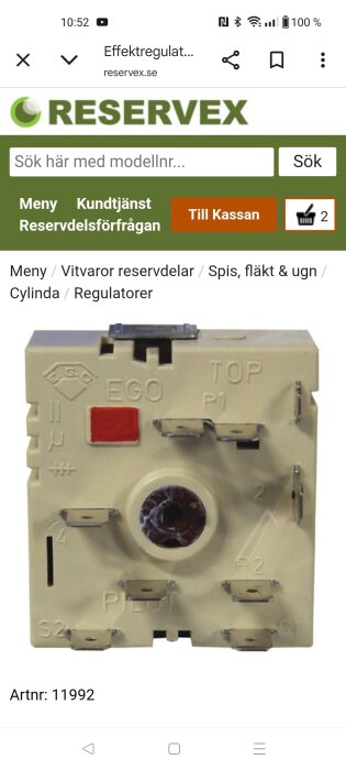 Effektregulator för spis från EGO, med olika anslutningsplintar märkta P1, P2, och S1. Produkt från reservdelssajt, artnr 11992.