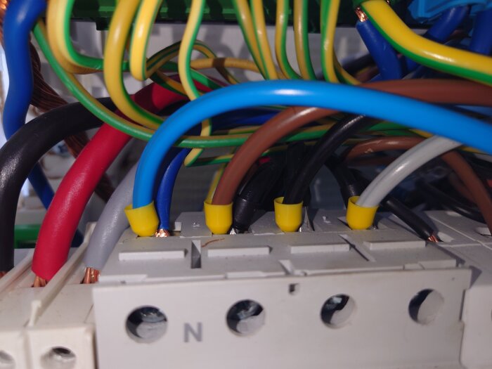 Elcentral med flera kablar och hylsor på faserna, men saknar hylsa på nollan, visar ett potentiellt fel i installationen.