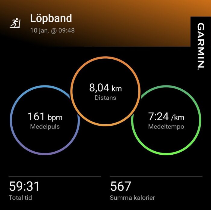 Träningsinformation från en löpbandsövning: distans 8,04 km, medelpuls 161 bpm, medeltempo 7:24 min/km, total tid 59:31, förbrända kalorier 567.