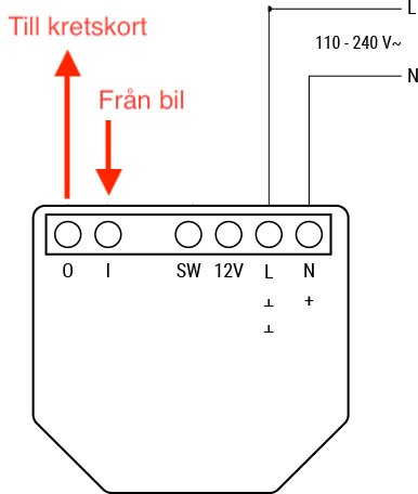 Schema över kopplingsschema med anslutningar för ström till kretskort och bil, visar anslutningspunkter för 12V, L, N, O, I och SW.