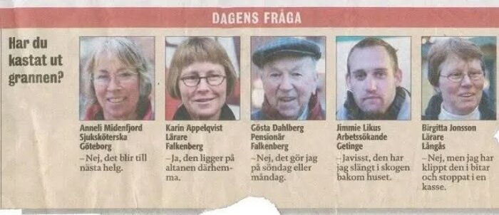 Tidningsurklipp med frågan "Har du kastat ut grannen?" samt fem personer som svarar humoristiskt.