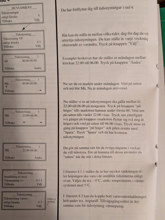 Skärmdump av en manual som visar steg för steg hur man ställer in tidsstyrning för en värmepump mellan klockslagen 22:00 och 06:00.