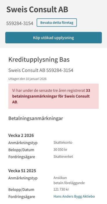 Kreditupplysning för Sweis Consult AB visar 33 betalningsanmärkningar över tre år, varav en från Skatteverket och en från Hans Anders Bygg Aktiebo.
