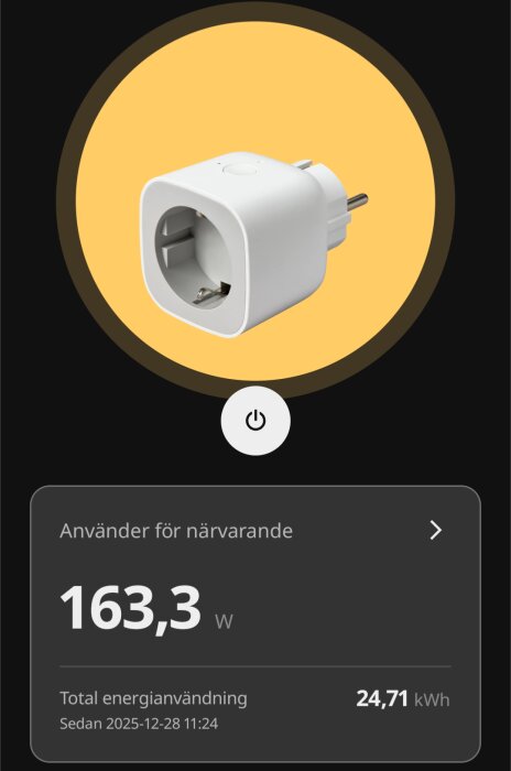Skärmdump som visar IKEAs smart plug med elförbrukning på 163,3 W och total energianvändning 24,71 kWh.