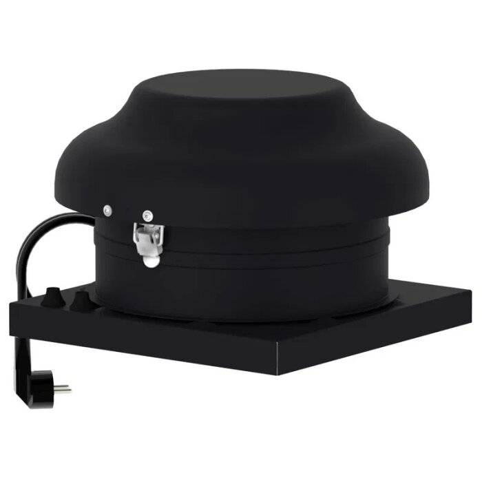 Svart takfläkt för skorsten, cylindrisk form med sladd och plugg.