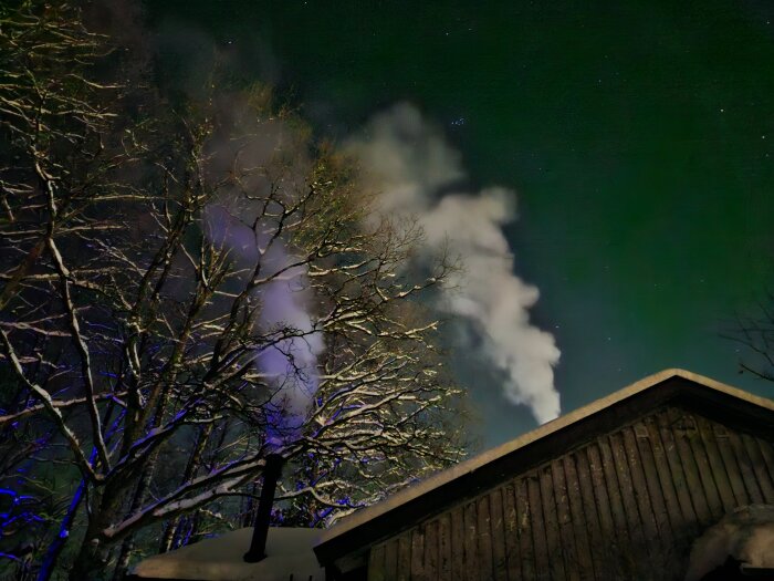 Rök kommer från en skorsten på en stuga under en stjärnklar natthimmel, omgiven av snötäckta träd.