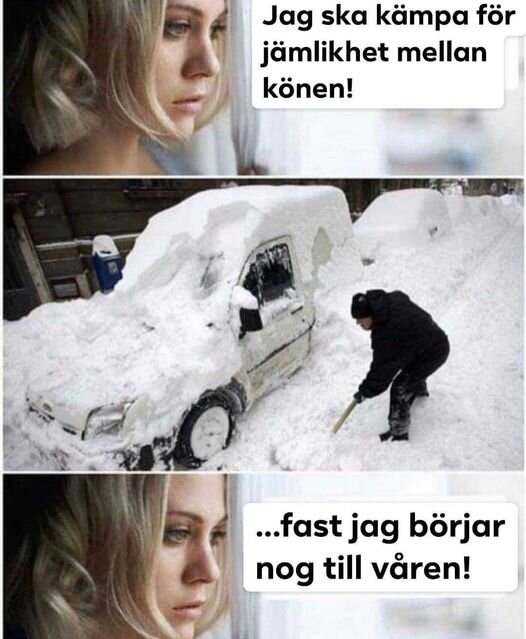 En kvinna tittar ut genom ett fönster medan en person skottar snö från en helt täckt bil. Text om att kämpa för jämställdhet men skjuta upp till våren.