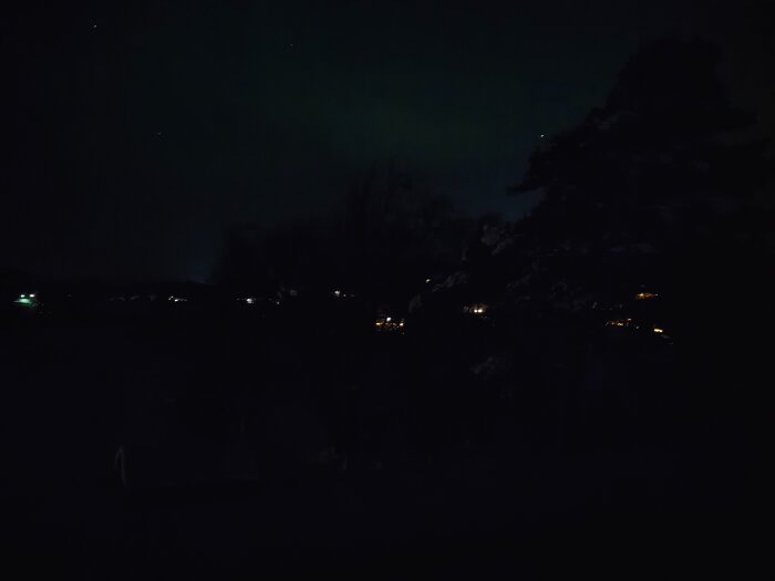 Nordlig blixt av norrsken över ett mörkt Bohuslänslandskap med svaga ljus och träd silhuetter i förgrunden.