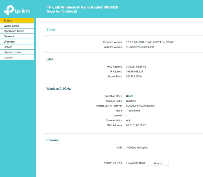 Gränssnitt för TP-Link Nano Router WR802N som visar status, firmwareversion, LAN och trådlös information i klientläge.