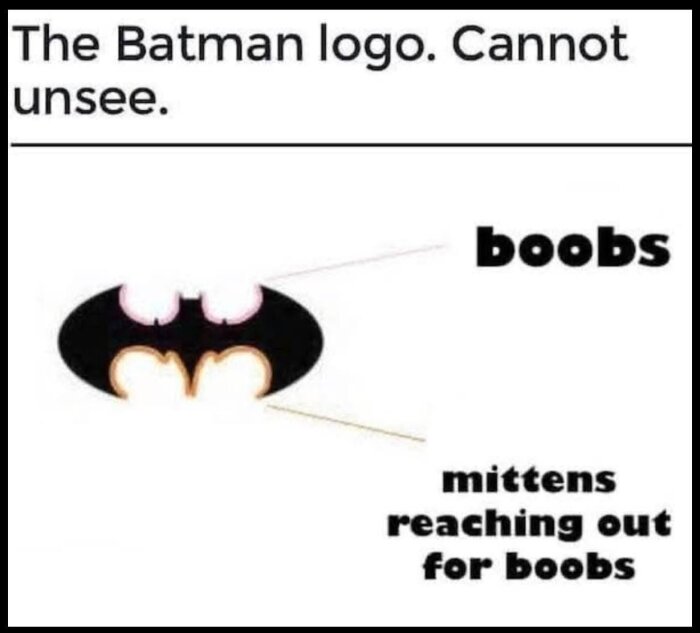 Humoristisk bild av Batman-loggan med ord som pekar ut upplevda likheter med kroppsdelsformer.